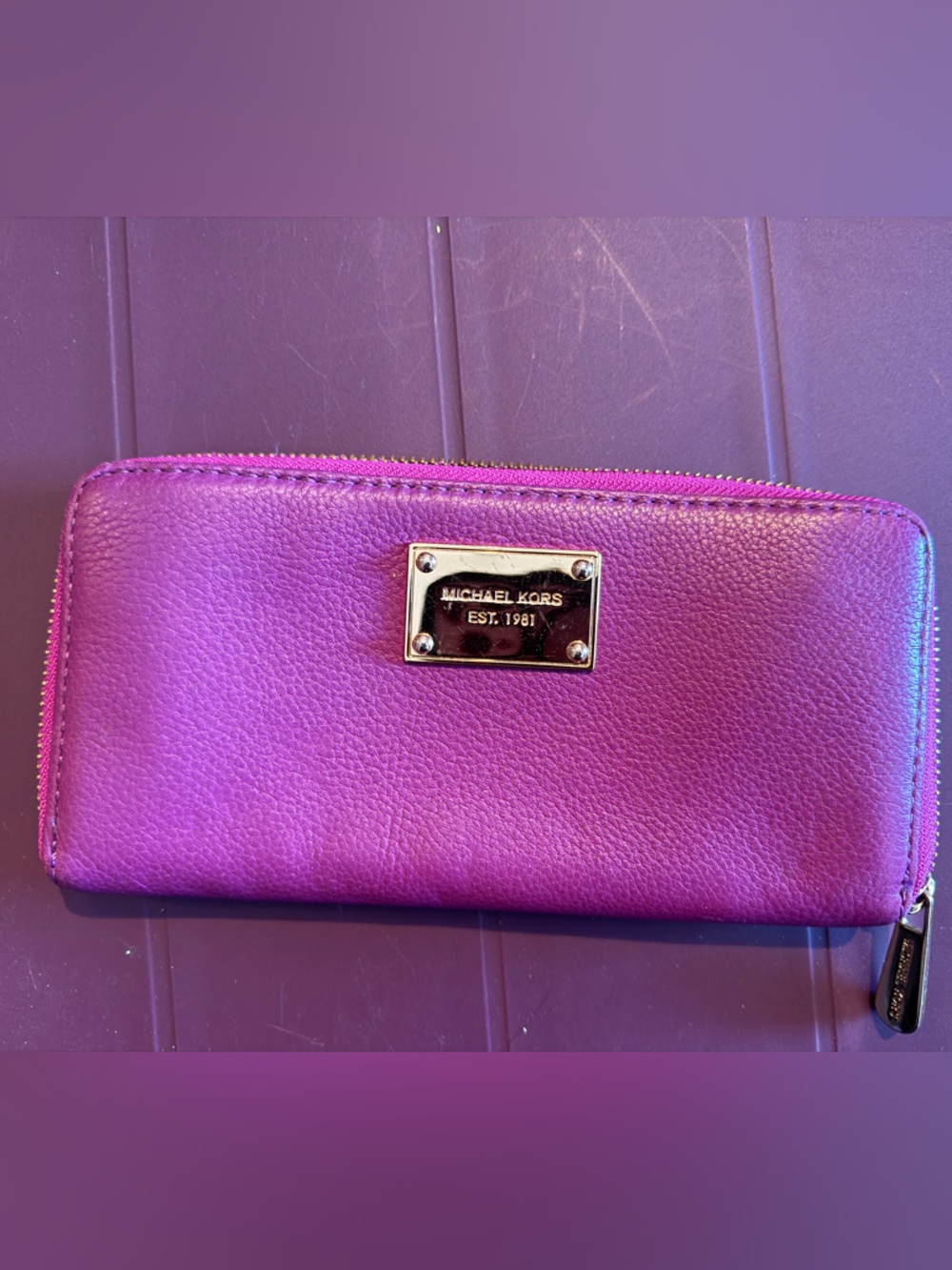 Michael Kors Purple Leather Zip-Around Wallet with Gold Plaque